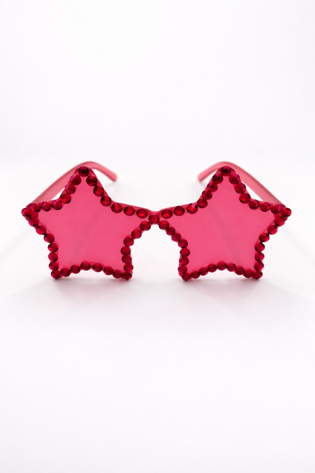 Yıldız Parti Gözlüğü Renkli Taşlı Yetişkin Parti Gözlüğü Doğum Günü ve Konsept Parti Aksesuarı Fuşya