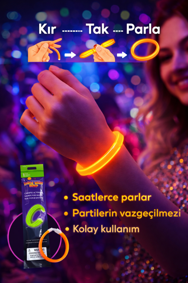 Parti Malzemesi Glow Stick Bileklik  Işıklı Neon Parti Bilekliği Kırmalı Işık Bileklik Sarı