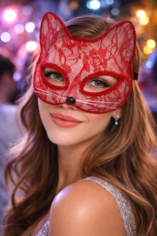 Dantel Kedi Maskesi – Halloween Parti & Kostüm Aksesuarı (Ayarlanabilir Lastikli) Kırmızı