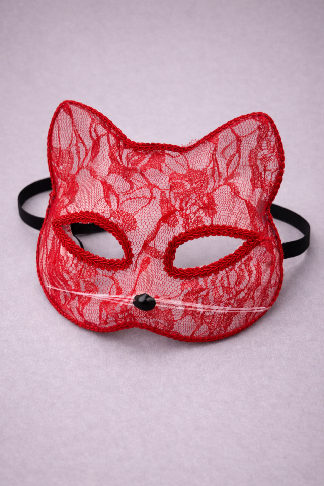 Parti Malzemesi  Dantel Kedi Maskesi – Halloween Parti & Kostüm Aksesuarı (Ayarlanabilir Lastikli) Kırmızı