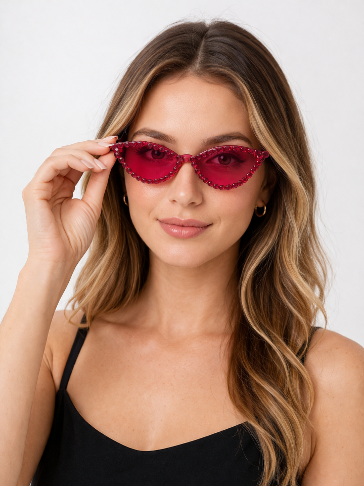 Taşlı Kedi Gözü Parti Gözlüğü Kadın Bekarlığa Veda Doğum Günü Aksesuarı Fuşya