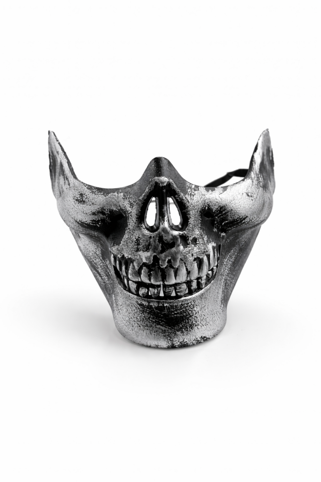 Cadılar Bayramı Halloween Kuru Kafa Maske Siyah Gold Detaylı Yetişkin Parti Maskesi 17x14 cm Gri