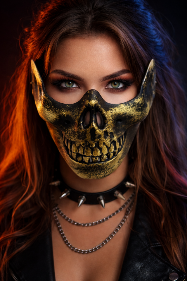 Parti Malzemesi  Cadılar Bayramı Halloween Kuru Kafa Maske Siyah Gold Detaylı Yetişkin Parti Maskesi 17x14 cm Gold