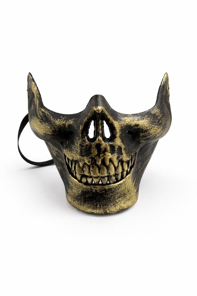 Cadılar Bayramı Halloween Kuru Kafa Maske Siyah Gold Detaylı Yetişkin Parti Maskesi 17x14 cm Gold