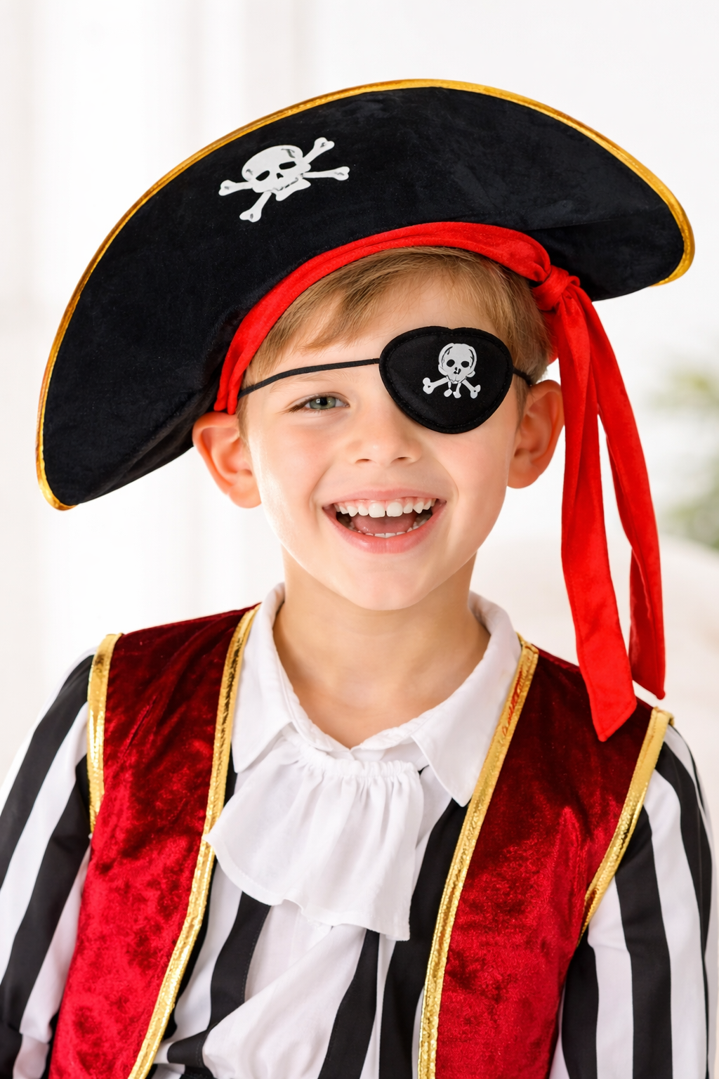 Parti Malzemesi Korsan Şapka Kırmızı Bağcıklı Siyah Altın Detaylı Çocuk Parti Şapkası