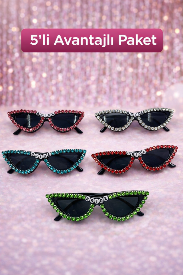 5’li Bride Gözlük Seti Taşlı Bekarlığa Veda Parti Gözlüğü Renkli Gelin Gözlük Paketi