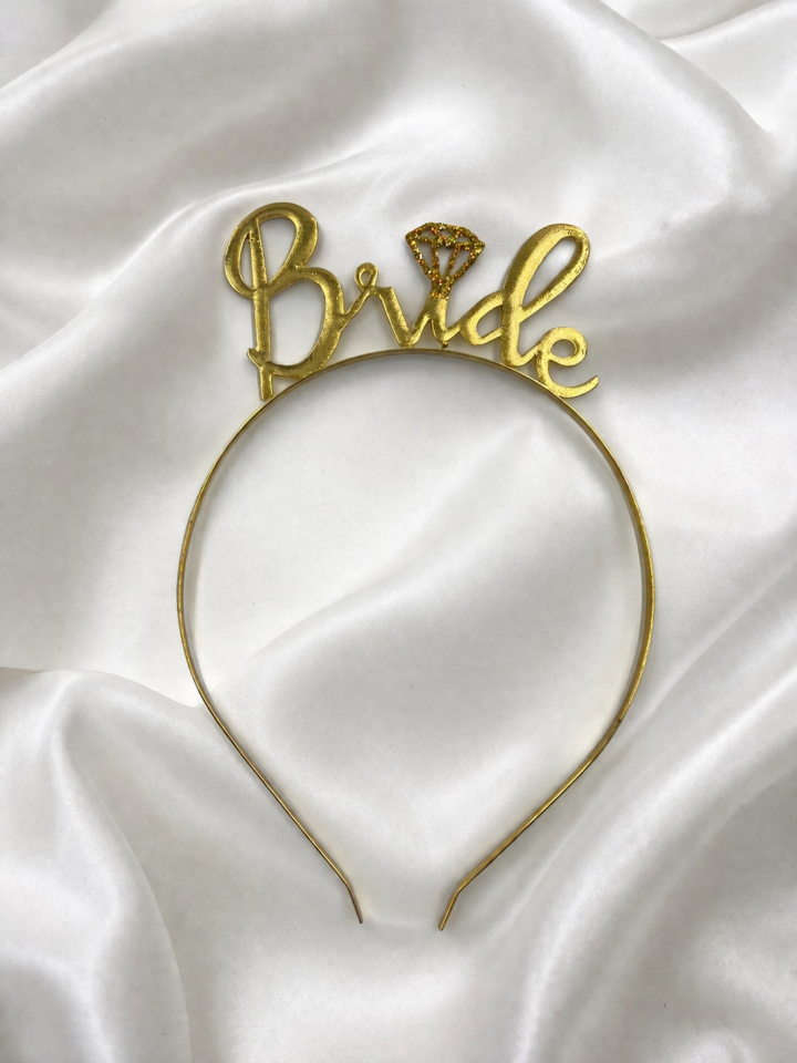 Bride Yazılı  Taç Bekarlığa Veda Partisi Gelin Tacı Bride Headband Taşlı PP-212 Altın