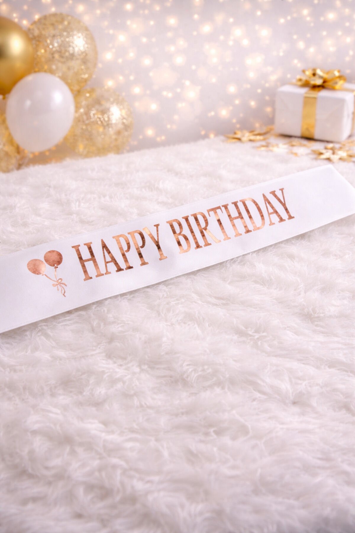 Parti Malzemesi Happy Birthday Beyaz Saten Kuşak – Yaldız Baskılı Doğum Günü Parti Kuşağı 144x10 cm