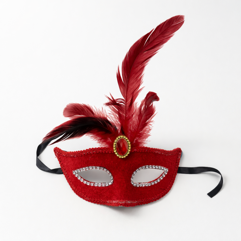 Kadife Tüylü Taşlı Maske Venedik Parti Maskesi Yılbaşı Cadılar Bayramı Kostüm Aksesuarı Kırmızı
