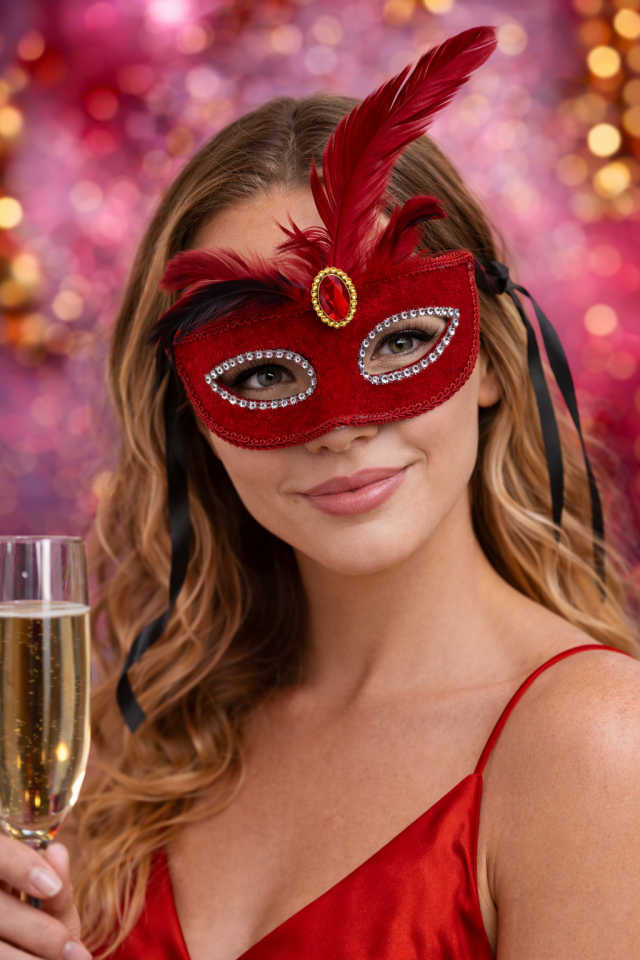 Kadife Tüylü Taşlı Maske Venedik Parti Maskesi Yılbaşı Cadılar Bayramı Kostüm Aksesuarı Kırmızı