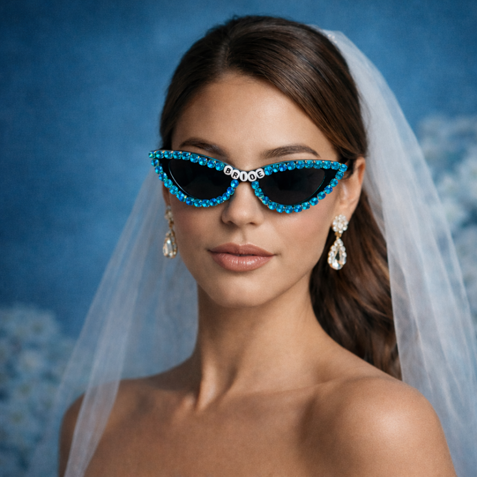 Bride Yazılı Taşlı Parti Gözlüğü Bekarlığa Veda Gelin Gözlük Mavi
