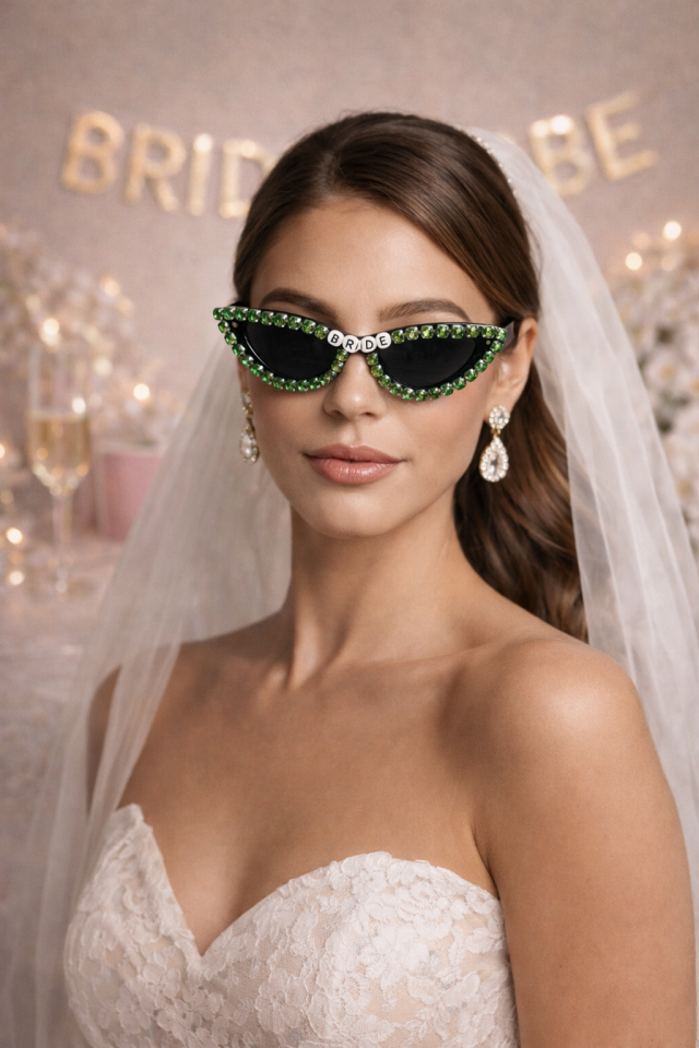 Bride Yazılı Taşlı Parti Gözlüğü Bekarlığa Veda Gelin Gözlük Yeşil