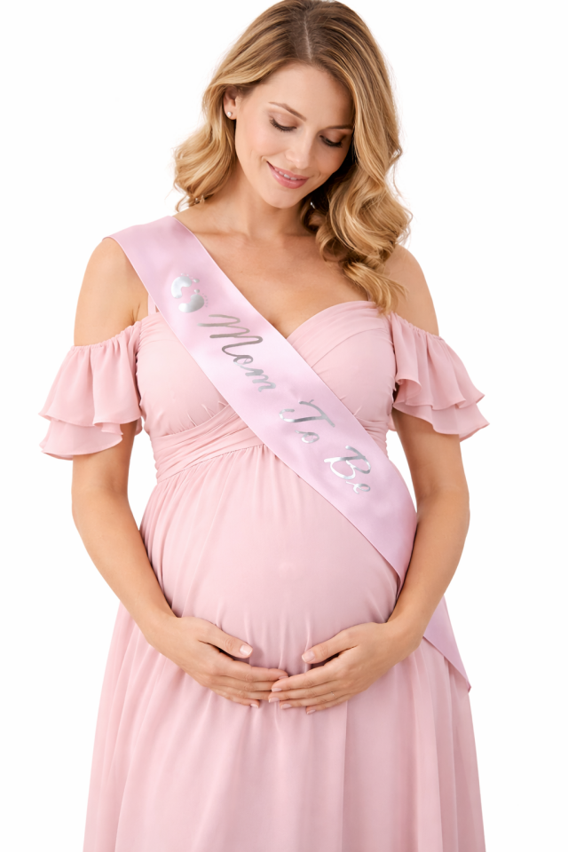 Mom To Be Pembe Saten Kuşak – Baby Shower Anne Adayı Kuşağı 144x10 cm Gümüş