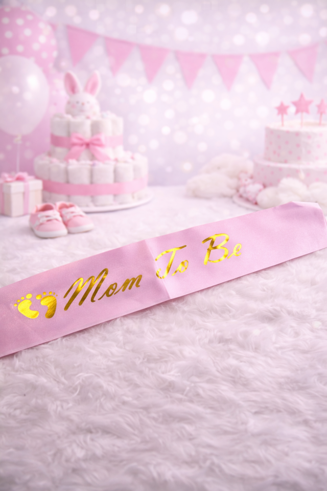 Mom To Be Pembe Saten Kuşak – Baby Shower Anne Adayı Kuşağı 144x10 cm Gold