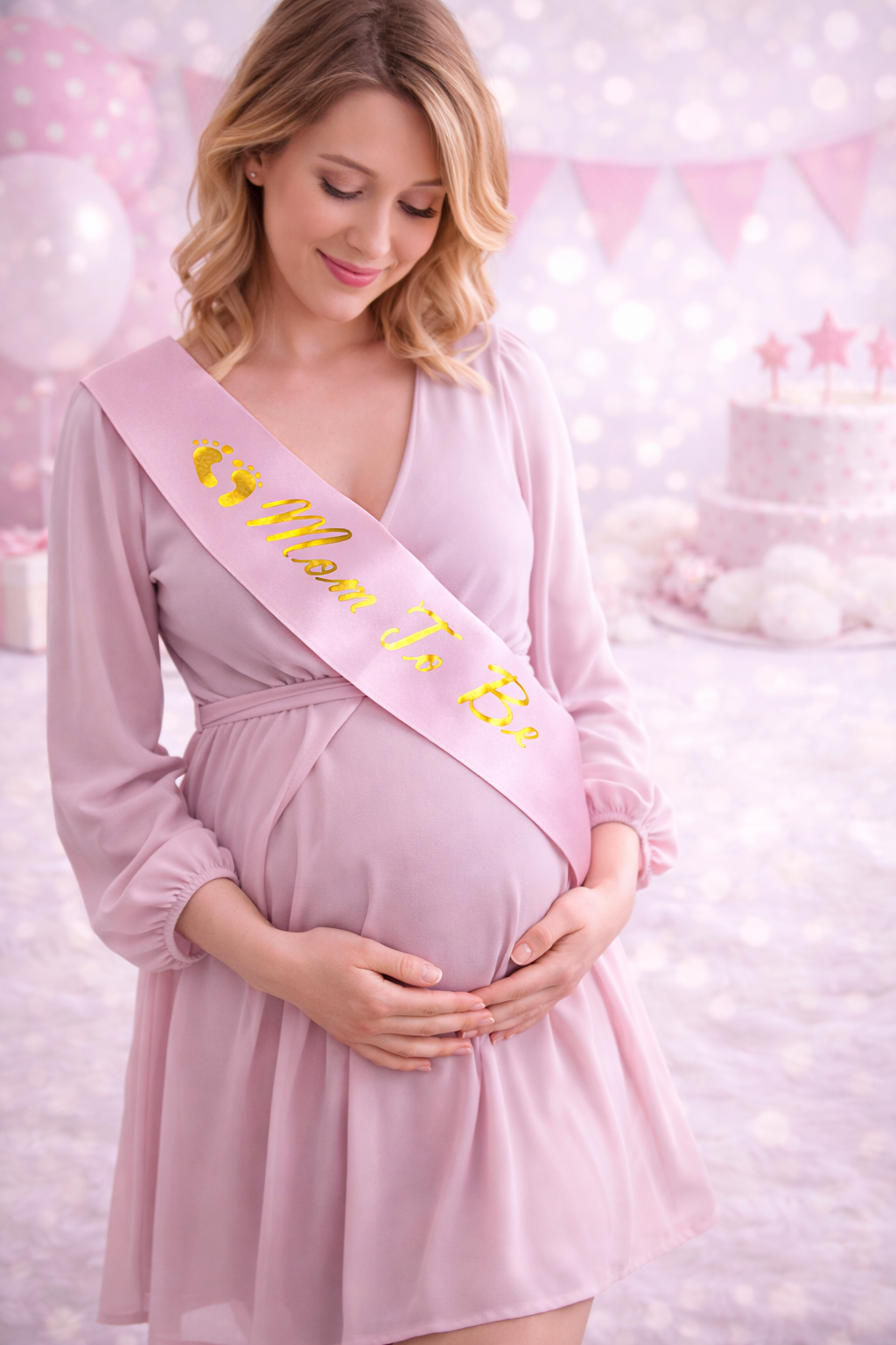 Mom To Be Pembe Saten Kuşak – Baby Shower Anne Adayı Kuşağı 144x10 cm Gold