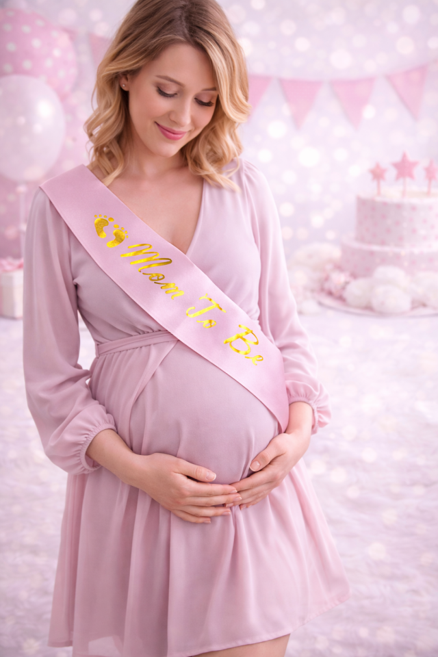 Mom To Be Pembe Saten Kuşak – Baby Shower Anne Adayı Kuşağı 144x10 cm Gold