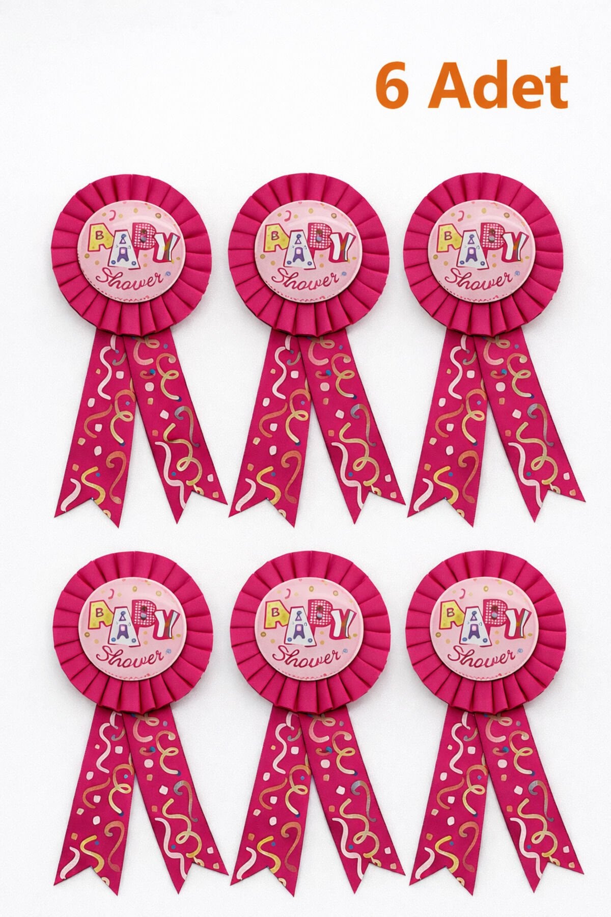 Baby Shower Anne Rozeti Pembe Kurdeleli Baby Shower Parti Arması İğneli Rozet 6 Adet