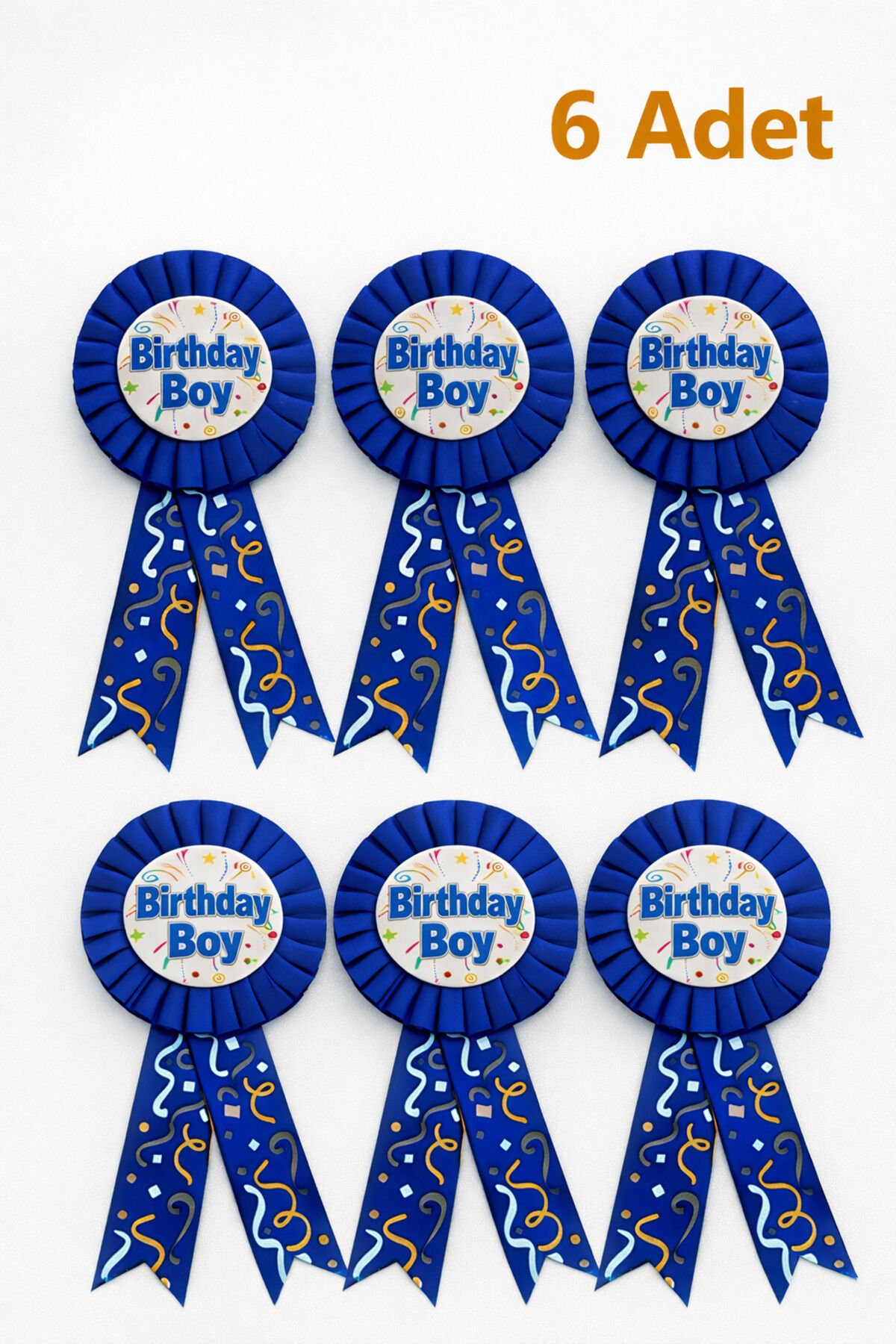 Birthday Boy Rozeti Mavi Kurdeleli Doğum Günü Çocuğu Parti Arması İğneli Rozet 6 Adet