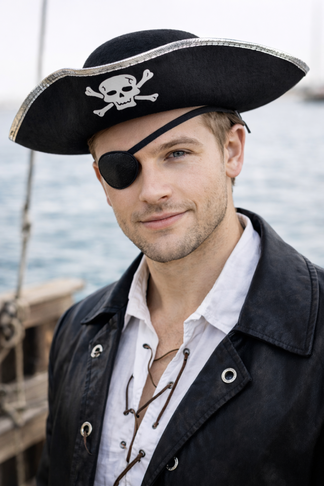 Korsan Parti Seti Şapka Göz Bandı Yetişkin Kostüm Seti Siyah Korsan Şapkası(Kopya) Gümüş