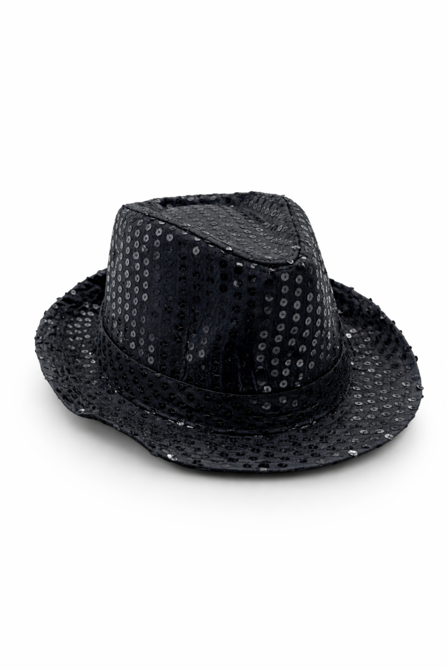 Payetli Siyah Parti Şapkası Yetişkin Unisex Işıltılı Disko Şapka 20 cm İç Çap