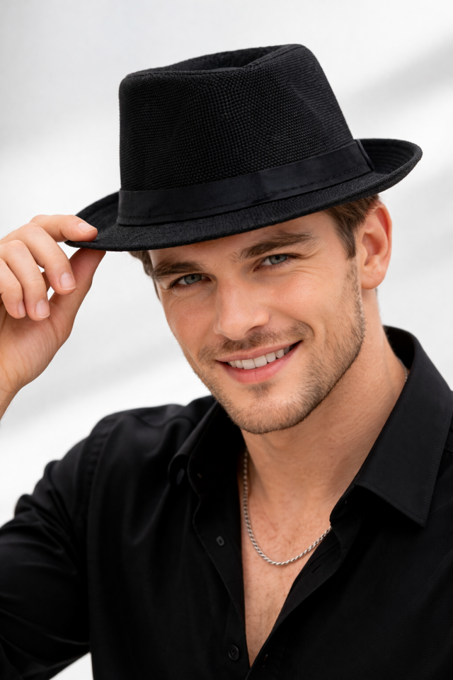 Siyah Panama Şapka Yetişkin Unisex Yazlık Parti Şapkası 20 cm İç Çap