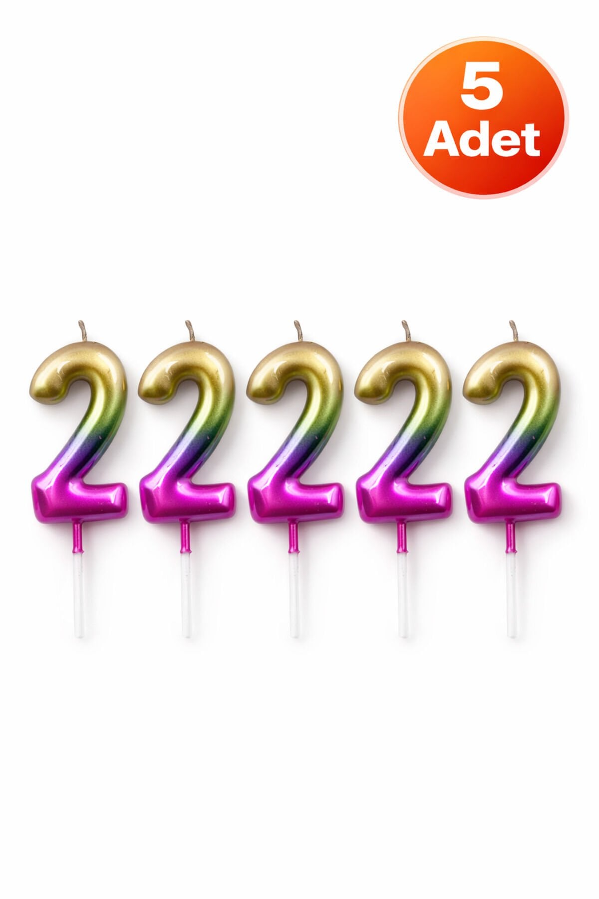 5 Adet Rakam 2 Doğum Günü Mumu Metalik Gökkuşağı Renk Pasta Üstü Mum Seti