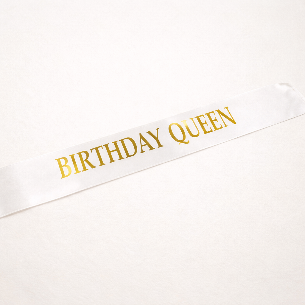 Parti Malzemesi Birthday Queen Kuşak Altın Yazılı Beyaz Saten Doğum Günü Parti Kuşağı