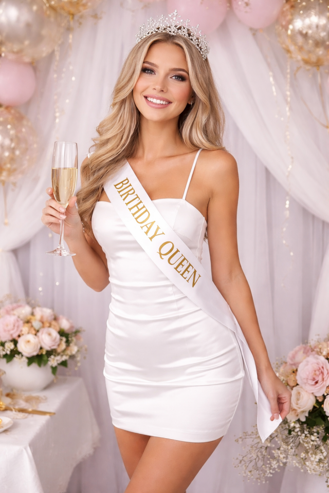 Parti Malzemesi Birthday Queen Kuşak Altın Yazılı Beyaz Saten Doğum Günü Parti Kuşağı