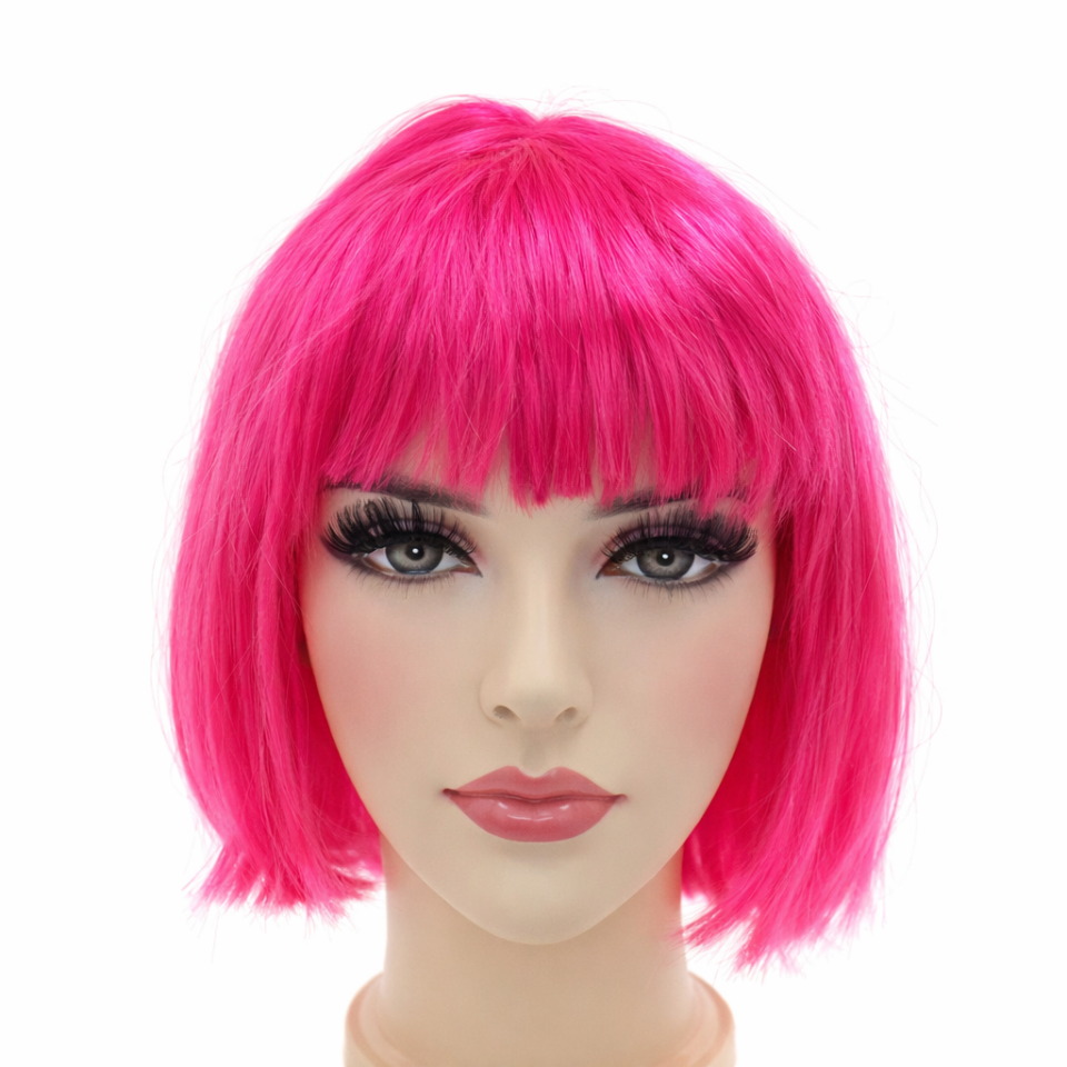 Kısa Bob Peruk Düz Sentetik Saç – Kaküllü Kadın Parti Cosplay Günlük Kullanım Peruk Pembe