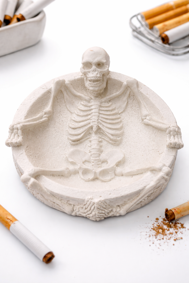 İskelet Kül Tablası 14 cm Dekoratif Kuru Kafa Küllük Halloween Temalı Beyaz