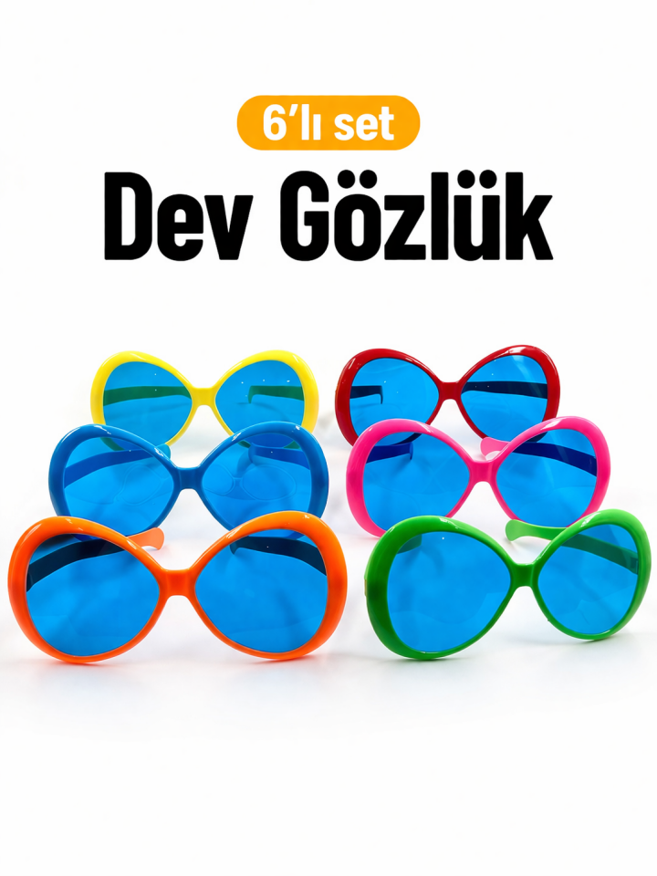 Parti Malzemesi Dev Boy Yuvarlak Parti Gözlüğü 6’lı Set Renkli Büyük Gözlük Eğlence Gözlüğü