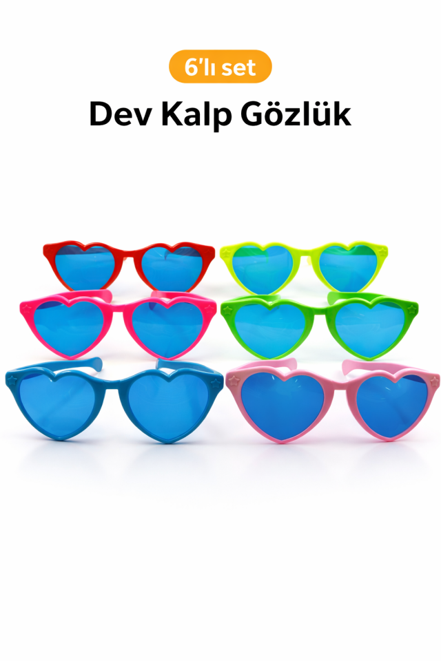 Parti Malzemesi  Dev Boy Kalp Gözlük 6’lı Set Renkli Parti Gözlüğü Büyük Boy Kalp Şekilli Gözlük