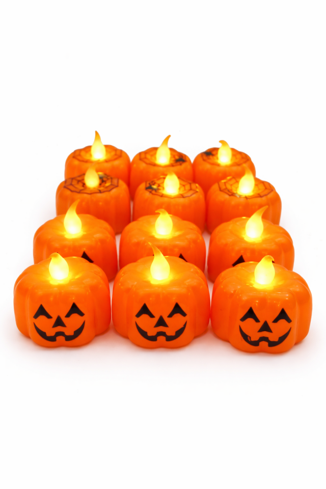 12 Adet LED Balkabağı Mum Işıklı Pilli Halloween Dekoratif Mum Seti