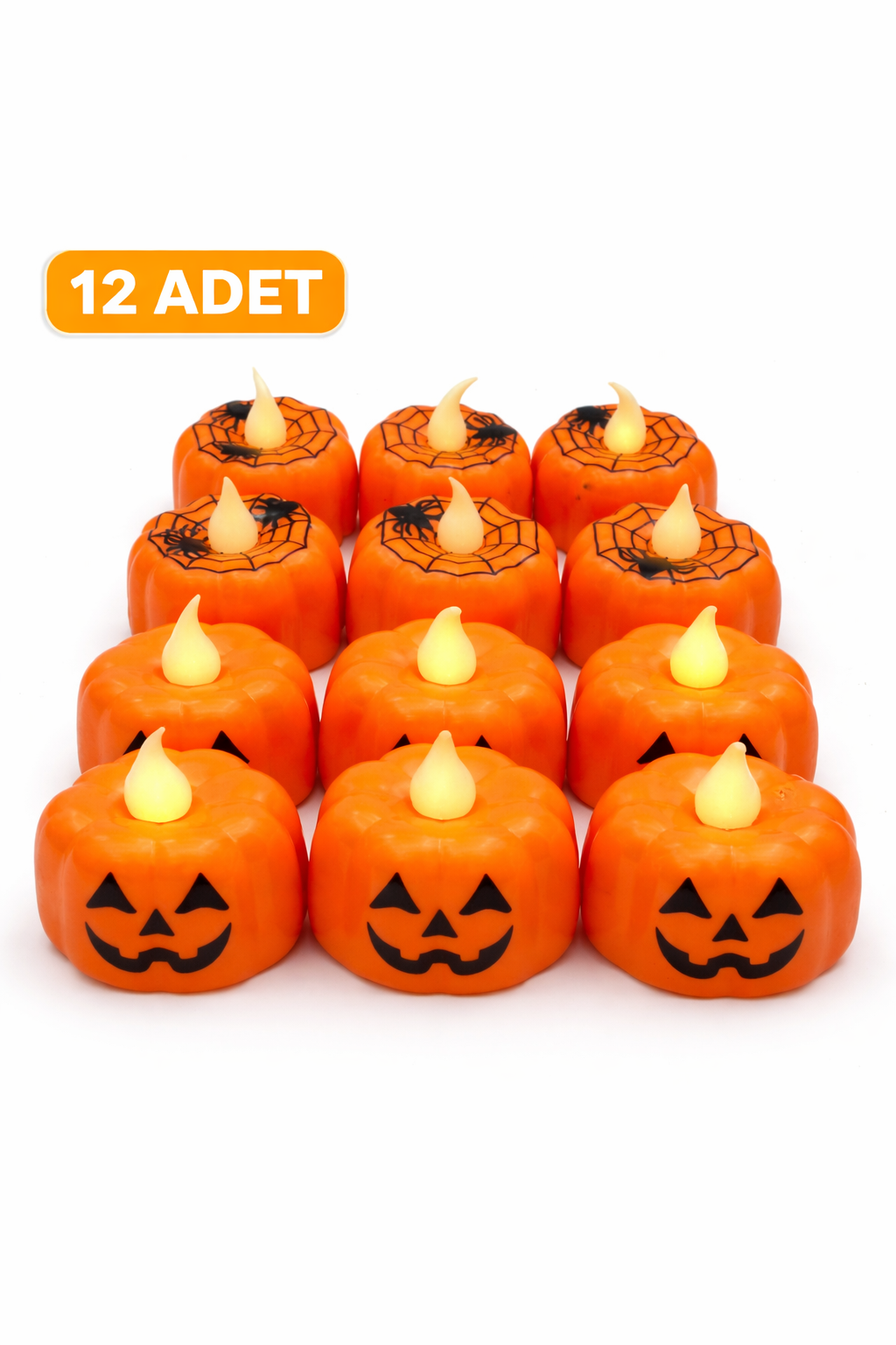 12 Adet LED Balkabağı Mum Işıklı Pilli Halloween Dekoratif Mum Seti