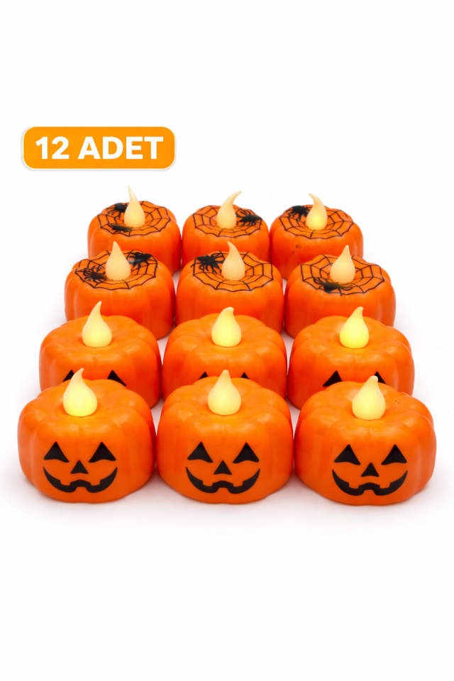 12 Adet LED Balkabağı Mum Işıklı Pilli Halloween Dekoratif Mum Seti