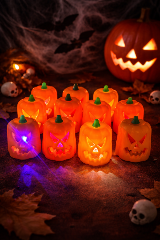 Parti Malzemesi  12 Adet LED Balkabağı Mum Işıklı Pilli Halloween Dekoratif Mum Seti