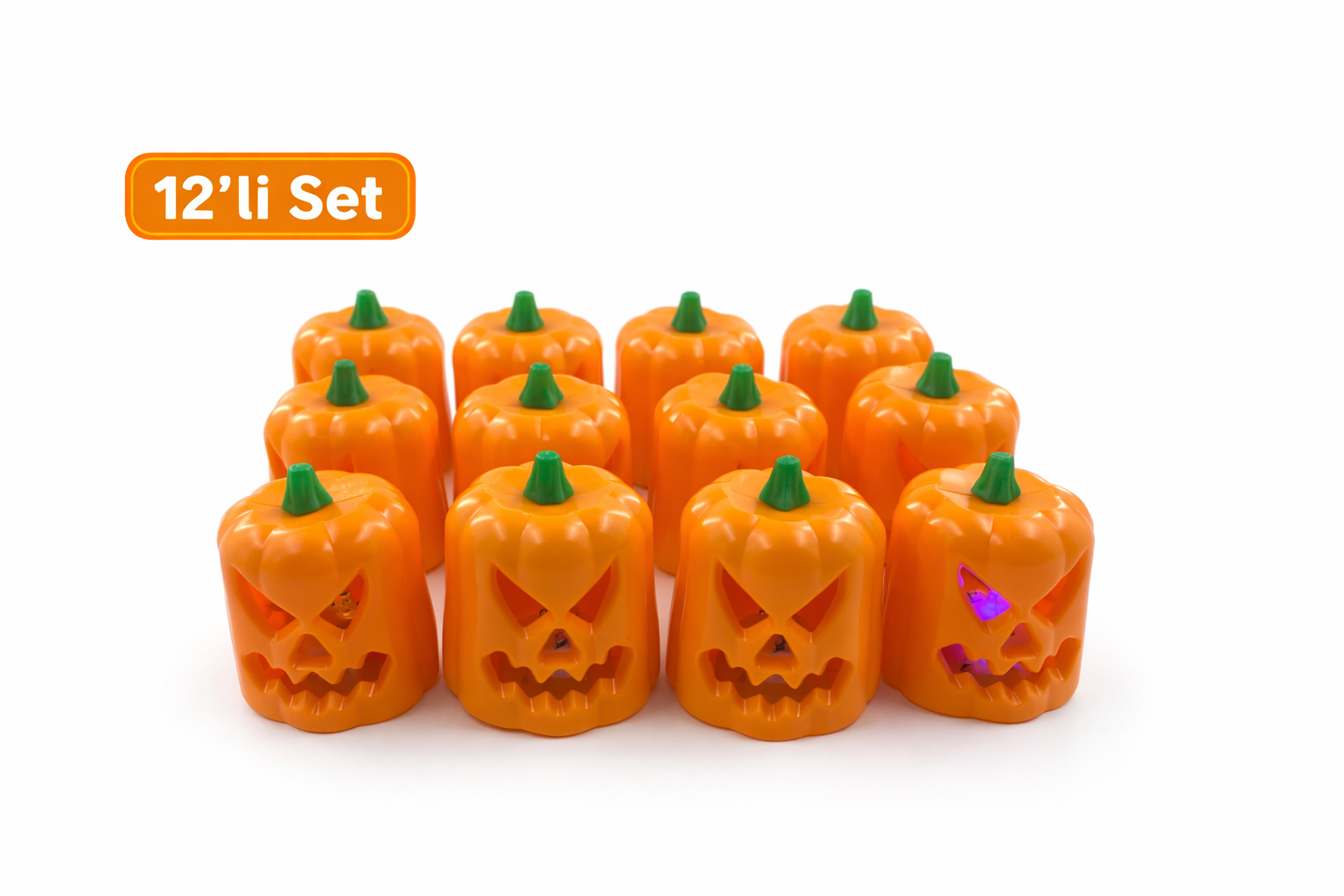12 Adet LED Balkabağı Mum Işıklı Pilli Halloween Dekoratif Mum Seti