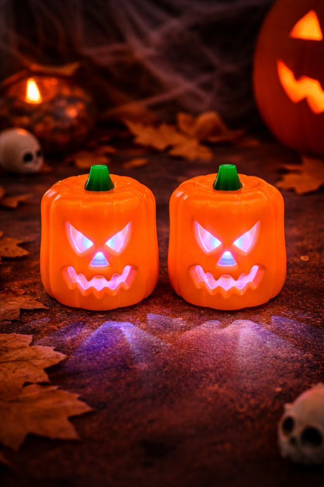 2 Adet LED Balkabağı Mum Işıklı Pilli Halloween Dekoratif Mum Seti