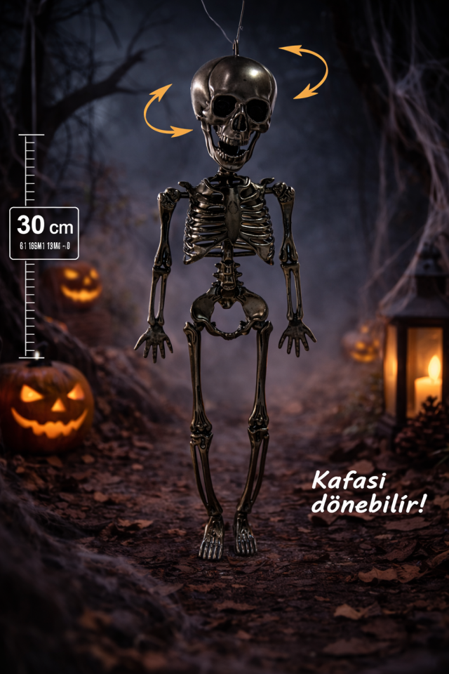 Parti Malzemesi 30 Cm İskelet Süs Halloween Dekoratif Askılı İskelet Kafası Döner Parti Süsü Gümüş