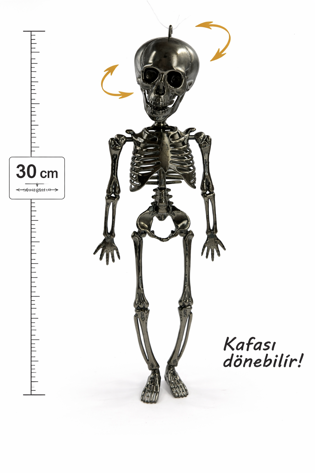 Parti Malzemesi 30 Cm İskelet Süs Halloween Dekoratif Askılı İskelet Kafası Döner Parti Süsü Gümüş