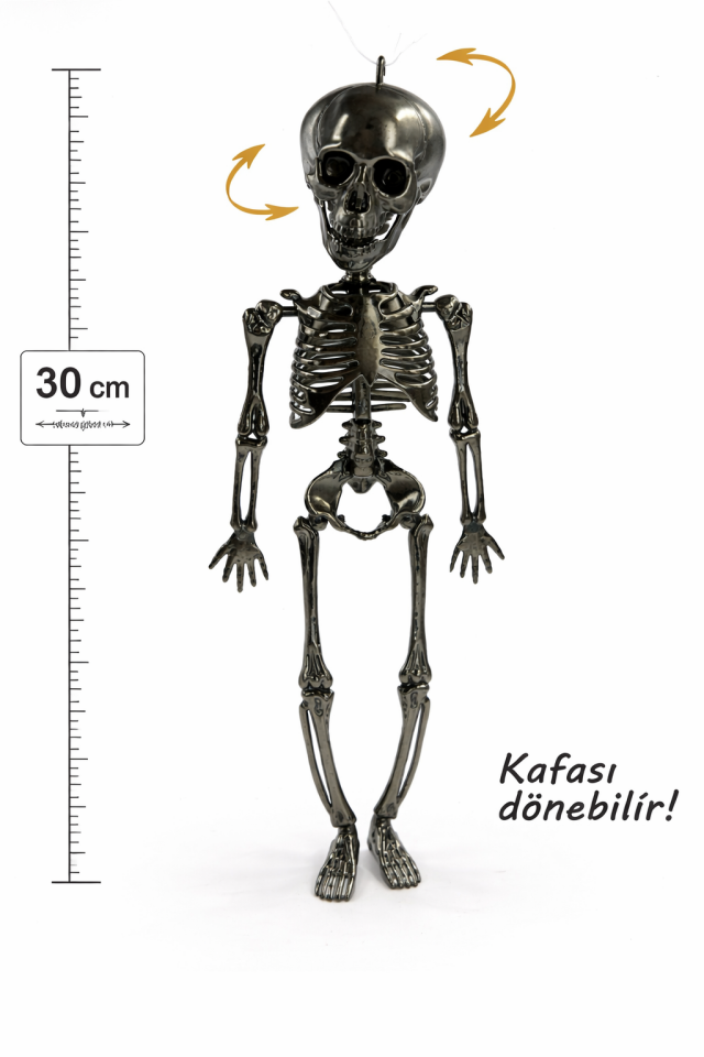 Parti Malzemesi 30 Cm İskelet Süs Halloween Dekoratif Askılı İskelet Kafası Döner Parti Süsü Gümüş
