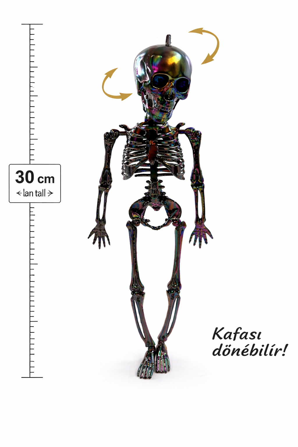 Parti Malzemesi 30 Cm İskelet Süs Halloween Dekoratif Askılı İskelet Kafası Döner Parti Süsü Metalik