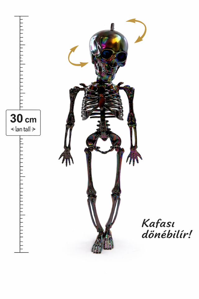 Parti Malzemesi 30 Cm İskelet Süs Halloween Dekoratif Askılı İskelet Kafası Döner Parti Süsü Metalik