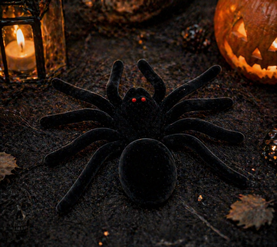 Parti Malzemesi Peluş Siyah Örümcek 19x15 cm Kırmızı Gözlü Halloween Dekor Süs Korku Oyuncak