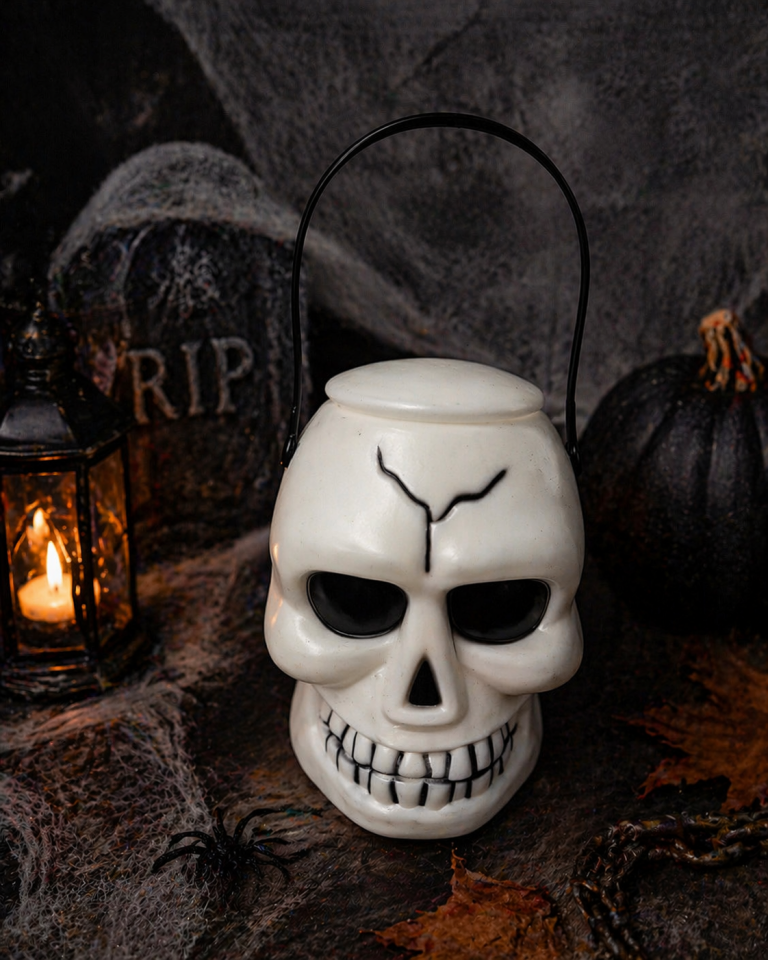 Parti Malzemesi Halloween Kafatası Şeker Kovası Skull Dekor Kutu Kapaklı Askılı Parti Süsü Korku Dekorasyonu