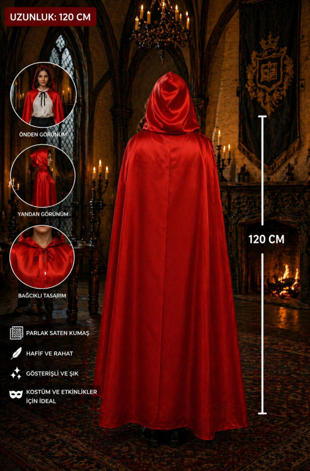 Kırmızı Kapüşonlu Pelerin Cadı Pelerini Halloween Kostüm Pelerini Yetişkin 120 CM