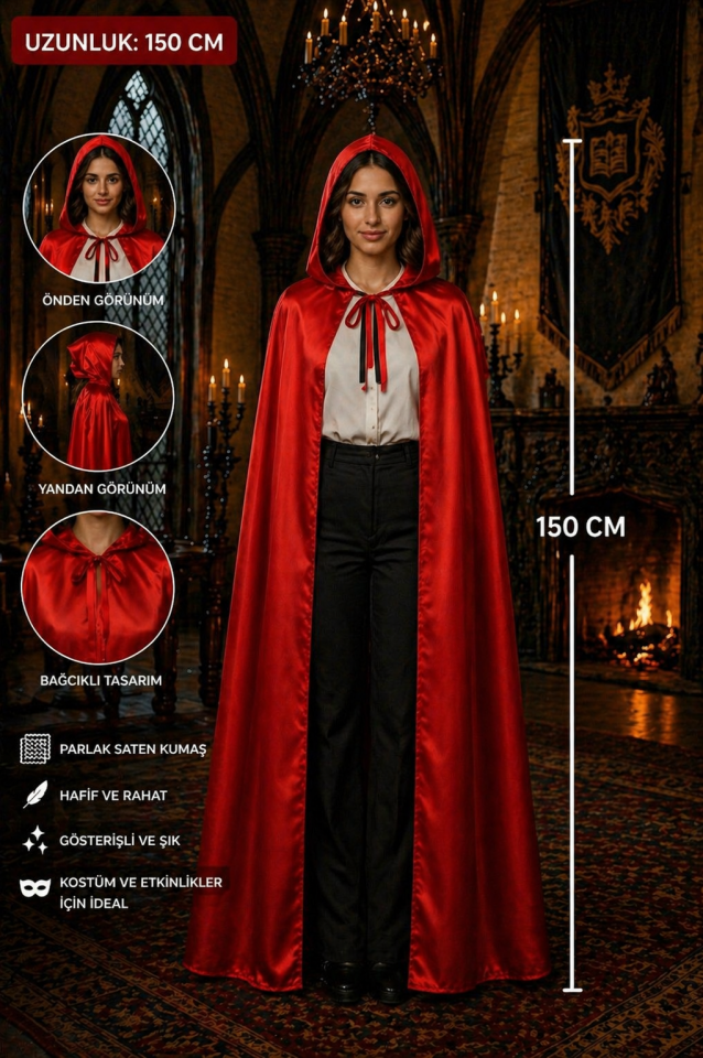 Kırmızı Kapüşonlu Pelerin Cadı Pelerini Halloween Kostüm Pelerini Yetişkin 150 CM 