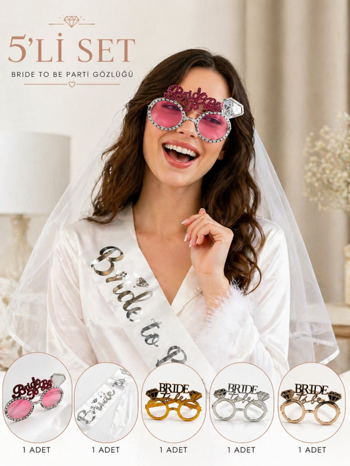 Parti Malzemesi 5’li Set Bride To Be Bekarlığa Veda Seti Kuşak ve Parti Gözlüğü Gelin Seti Bekarlığa Veda Aksesuar