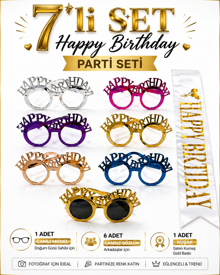 Parti Malzemeleri Happy Birthday Camlı Gözlük + Kuşak Seti 8 Parça – Doğum Günü Parti Seti Camsız Renkli Gözlükler