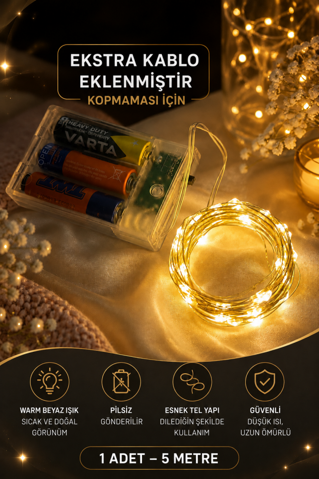 Parti Malzemesi Peri Led Işık 5 Metre Pilli Dekoratif Tel Led Işık Warm  Sarı Işık Kopmaya Dayanıklı Ekstra Kablolu